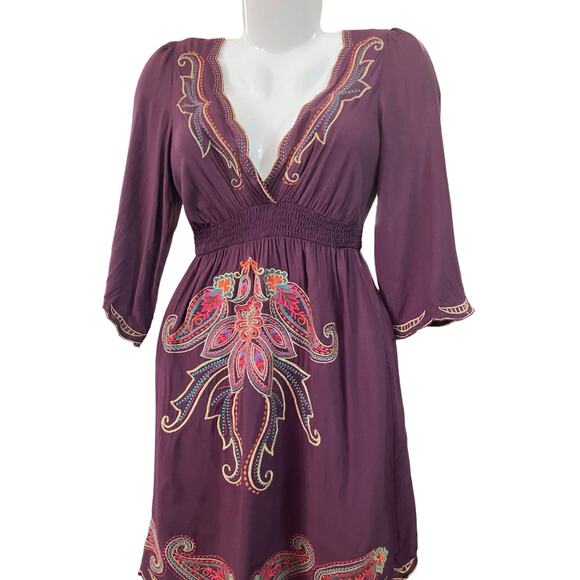 Flying Tomato Women's Plum Woven Smocked Waist Embroidered Mini Dress Boho SZ S - Picture 5 of 10